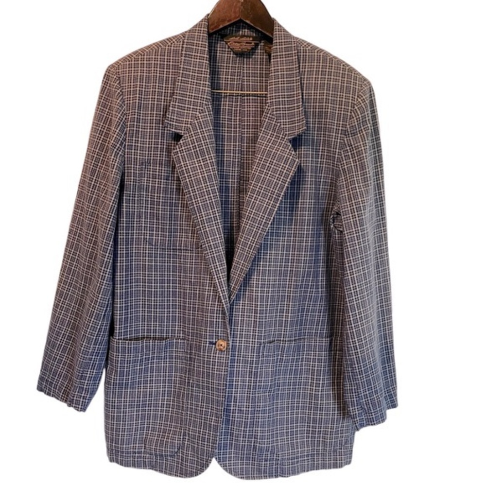 Eddie Bauer Vintage Women Dress Coat Blazer 100% Cotton, Blue Plaid | M